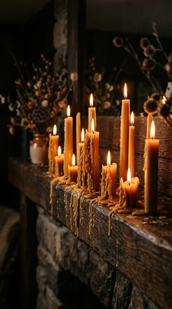 16 Moody Fall Fireplace Ideas for a Cozy Sanctuary 1 1. A Cluster of Dripping Beeswax Candles Along the Mantels Edge
