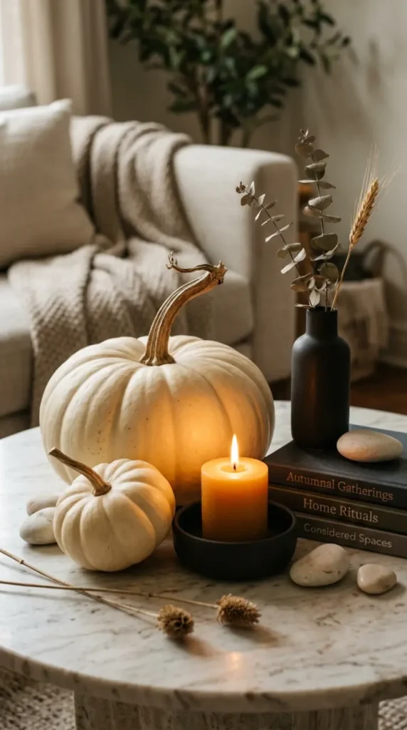 14 Chic Neutral Halloween Decor Ideas Living Room Style 1 1. A Cream Pumpkin Coffee Table Vignette