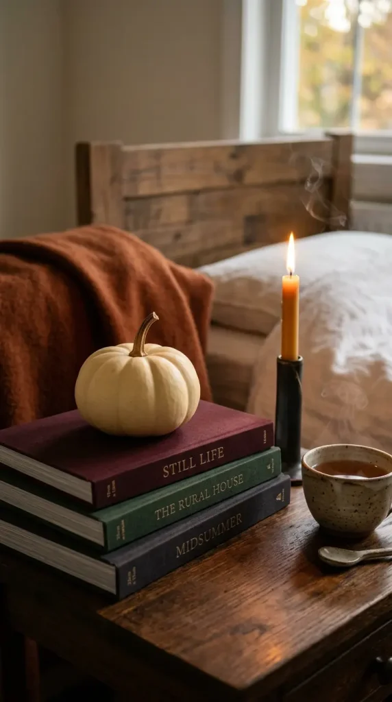15 Small Space Fall Decorating Ideas Bedroom Corner Style 1 1. A Cream Pumpkin on a Bedside Stack