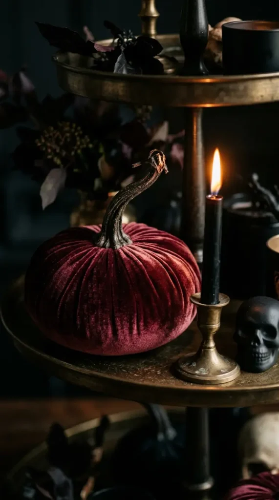 15 Halloween Tiered Tray Ideas Elegant Dark Moody Style 1 1. A Deep Burgundy Velvet Pumpkin