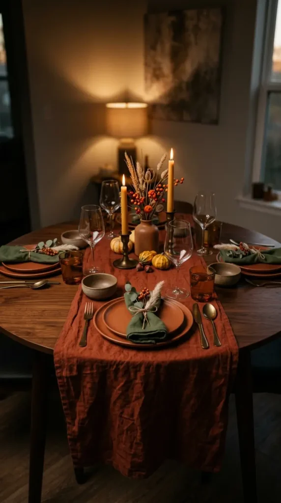 16 Small Moody Thanksgiving Table for Intimate Nights 1 1. A Deep Rust Linen Runner Down a Small Round Table