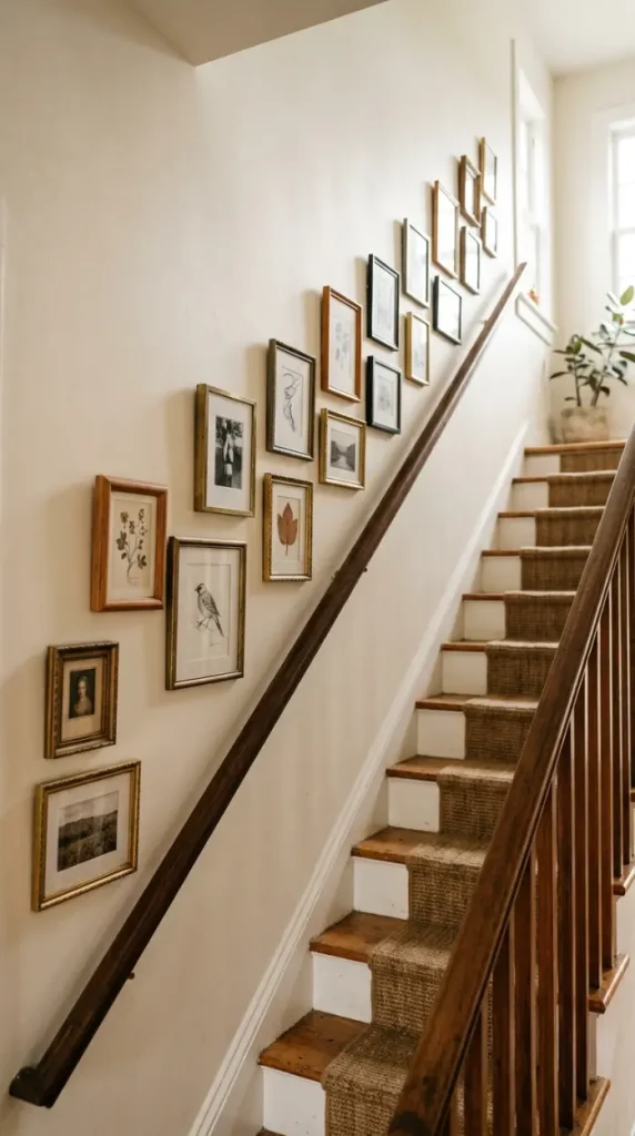 13 Small Thrifted Gallery Wall Ideas for Staircases 1 1. A Diagonal Line of Frames Following the Stair Rails Angle