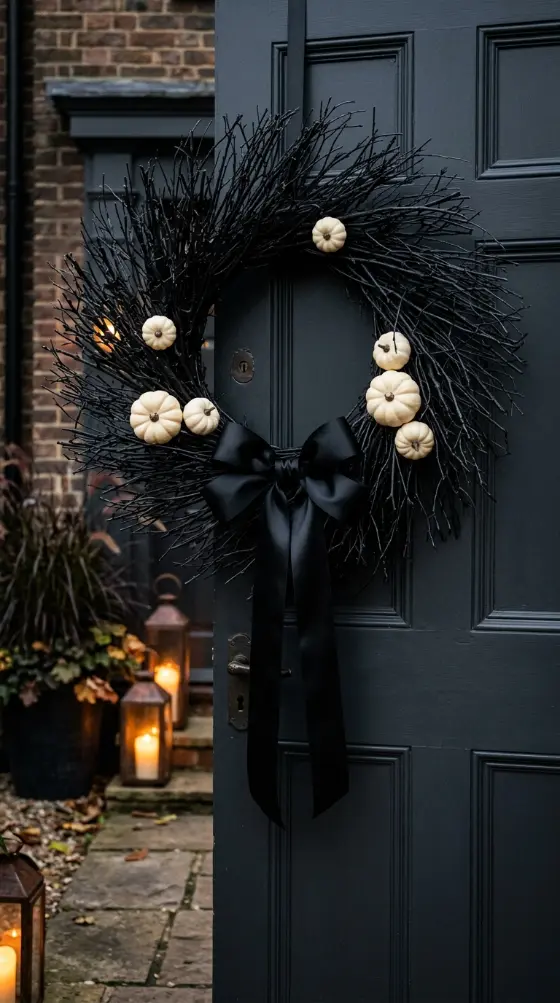 13 Easy Halloween Entryway Decor Black White Classic Style 1 1. A Dramatic Black Wreath on the Front Door