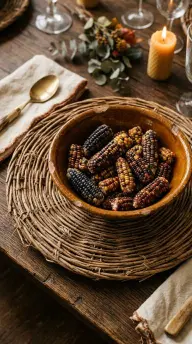 17 Boho Eclectic Centerpiece for Thanksgiving 1 1. A Woven Rattan Charger Beneath a Chipped Ceramic Bowl of Dried Corn