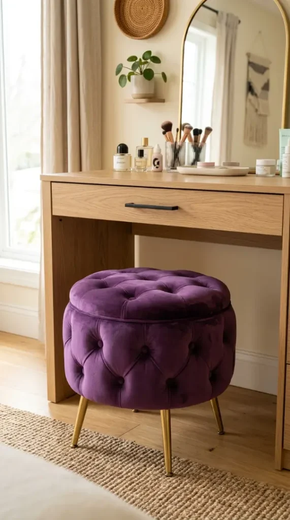 17 Jewel Tone Vanity Styling Ideas With Rich Color 1 1. Amethyst Purple Velvet Stool Tucked Beneath the Vanity