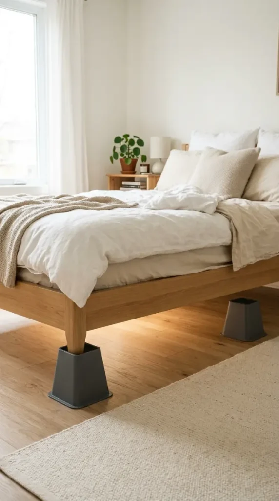 17 Small Bedroom Declutter Ideas for a Spacious Feel 1 1. Bed Frame Raised on Risers for Under Bed Air