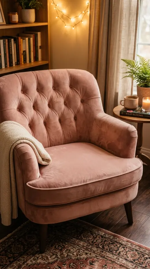 16 Cozy Reading Corners Whimsical Blush Fairy Lights 1 1. Blush Velvet Armchair