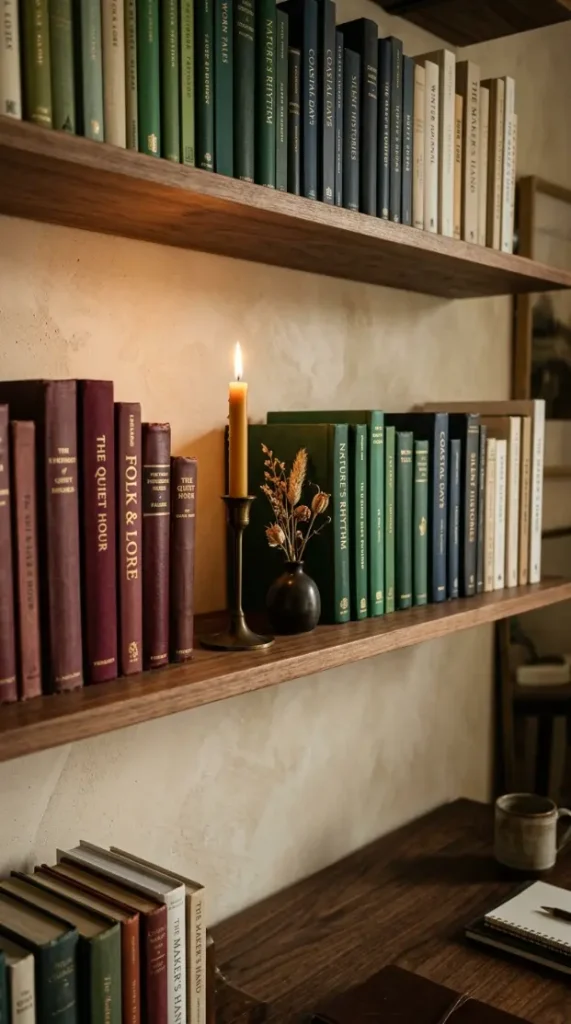 18 Cozy Office Aesthetic Candlelight Bookshelf Warm Style 1 1. Books Arranged by Spine Color on Open Shelving