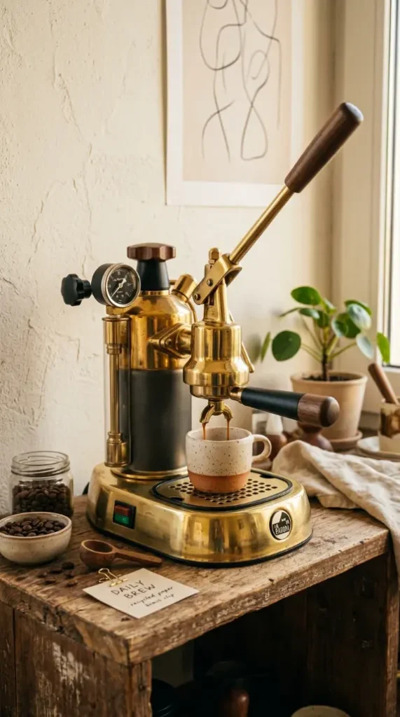 19 Eclectic Coffee Station Ideas With Vintage Charm 1 1. Brass Espresso Machine on an Open Shelf
