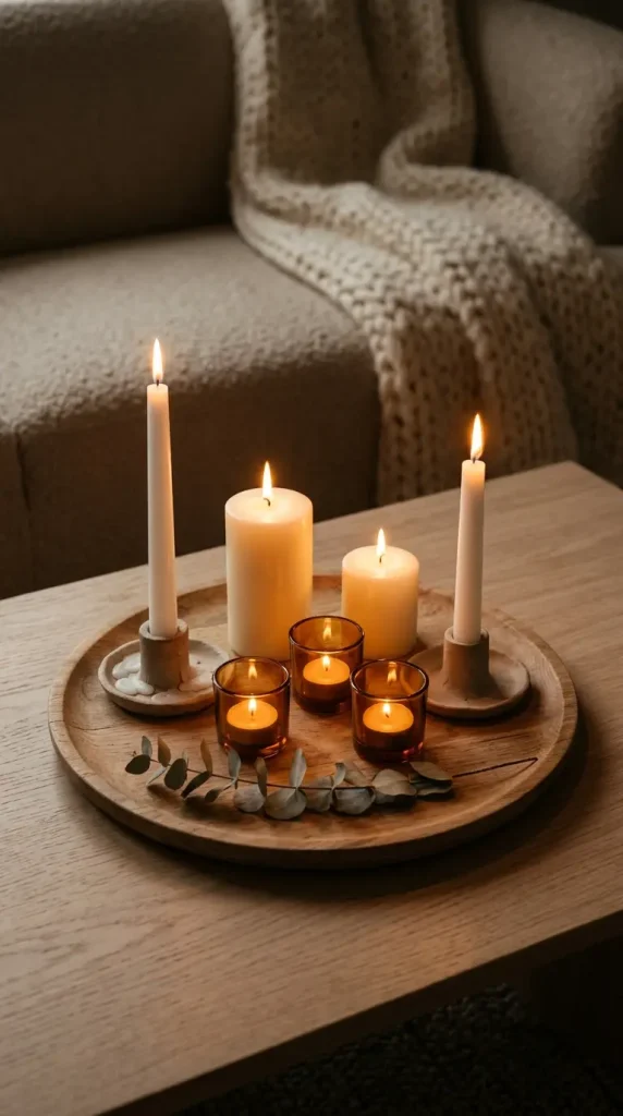 15 Fall Home Decor Ideas Scandinavian Minimal Warm Style 1 1. Build a Hygge Candle Cluster on the Coffee Table