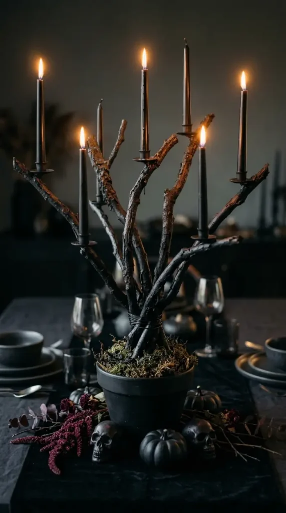 15 DIY Halloween Centerpieces Gothic Candelabra Dinner Table Look 1 1. Build the Hero Candelabra From Twisted Branches and Black Spray Paint