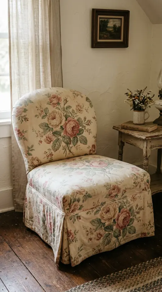 19 Reading Chair in Bedroom Vintage Floral Slipper Corner 1 1. Cabbage Rose Chintz Slipper Chair Armless and Low