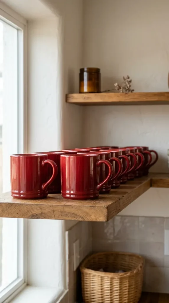 15 Nostalgic Open Shelf Dopamine Kitchen Display Ideas 1 1. Cherry Red Mug Row on the Top Shelf