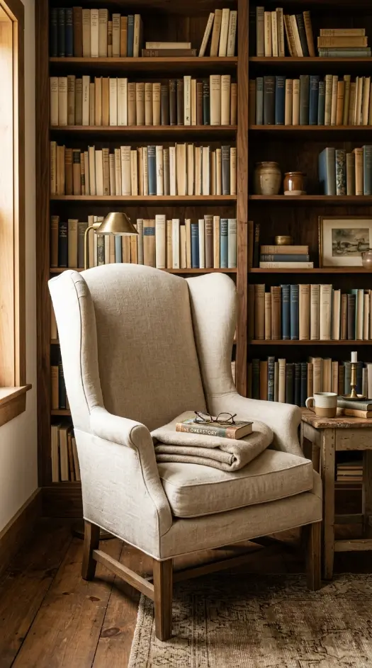 13 Light Linen Wingback Reading Chair Bookshelf Corner 1 1. Classic Linen Wingback Chair