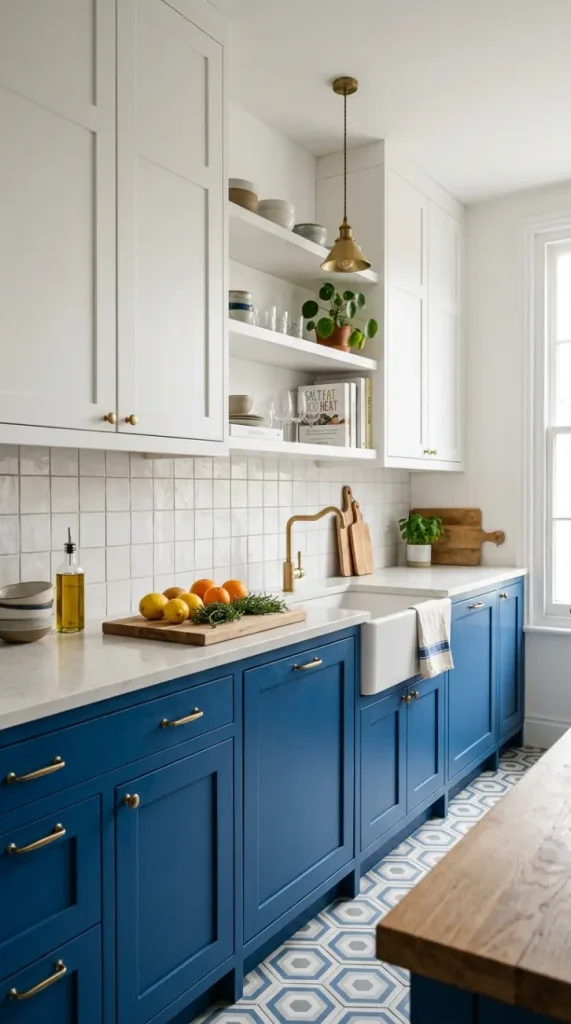 18 Dopamine Kitchen Ideas for a Bold Colorful Space 1 1. Cobalt Blue Lower Cabinets Under White Uppers