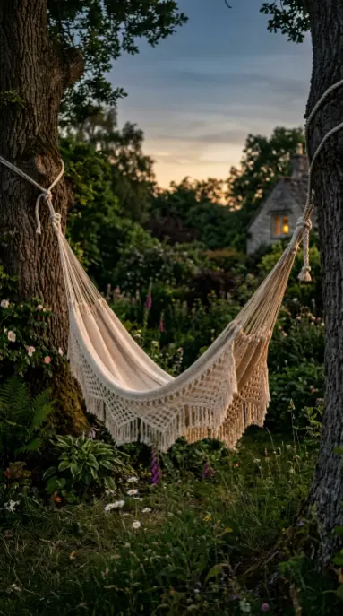 17 Summer Cottagecore Hammock Sitting Area Dusk Glow 1 1. Cotton Rope Hammock Between Two Trees