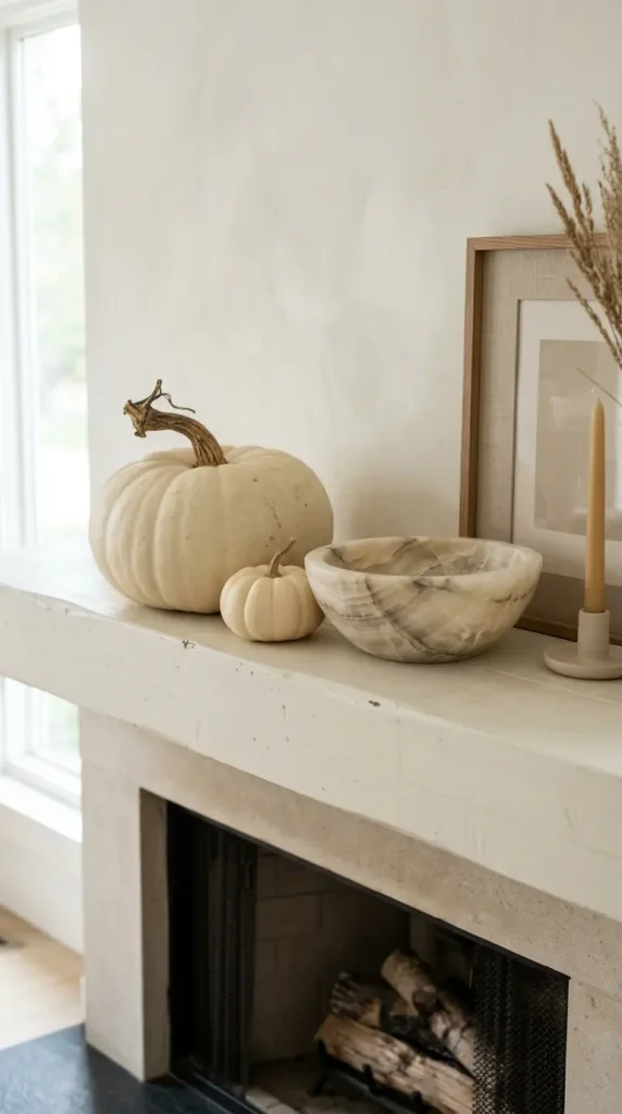 14 Fall Mantel Decor Ideas for a Quiet Luxury Neutral Look 1 1. Cream Pumpkins Paired with Alabaster Vessels