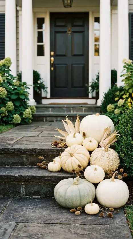 12 Neutral Halloween Decor Ideas for a Chic Front Porch 1 1. Cream and White Pumpkin Cluster on Porch Steps