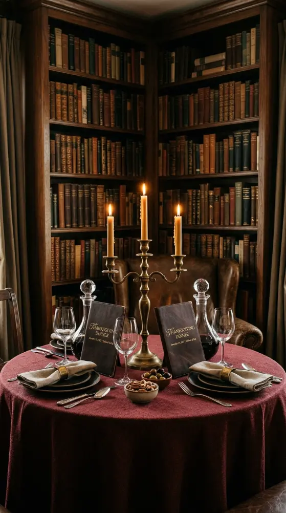 12 Romantic Thanksgiving Feast Styling Ideas to Save 1 1. Dark Academia Dining Nook With Leather Bound Menus