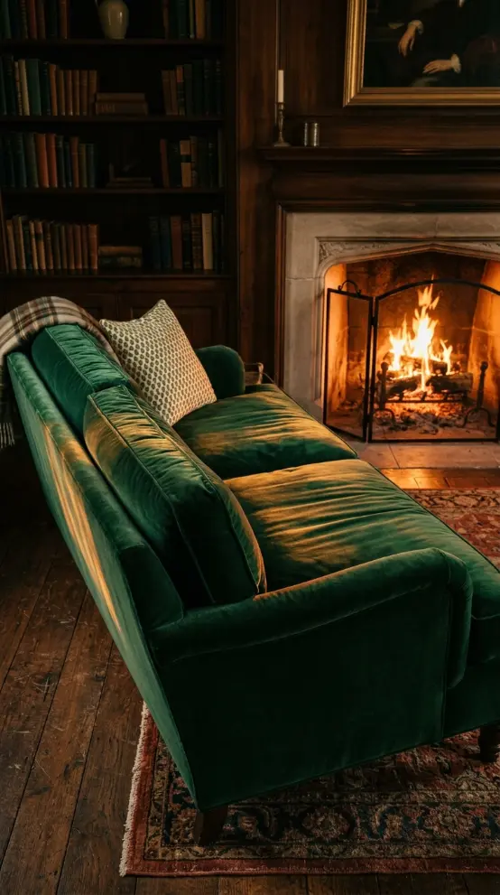 11 Cozy Reading Corners Fireplace Green Sofa Cinematic 1 1. Deep Emerald Velvet Sofa Facing the Hearth