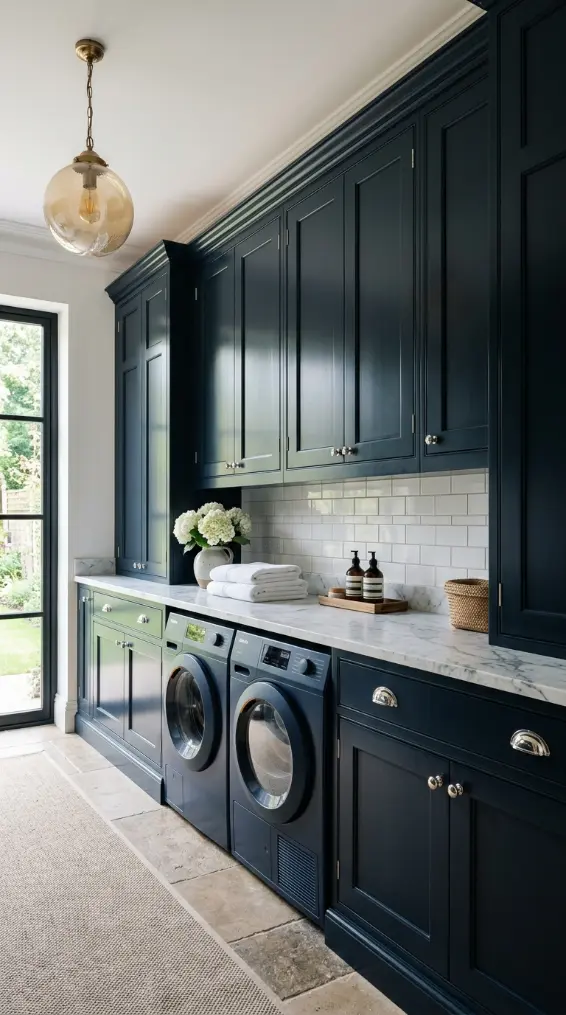 12 Luxury Laundry Room Ideas Navy White Nautical Refined 1 1. Deep Navy Lacquer Shaker Cabinetry