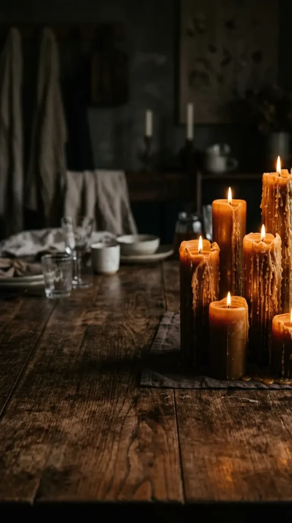 14 Moody Centerpiece Ideas for an Effortless Table 1 1. Dripping Wax Pillar Candles Clustered at Uneven Heights
