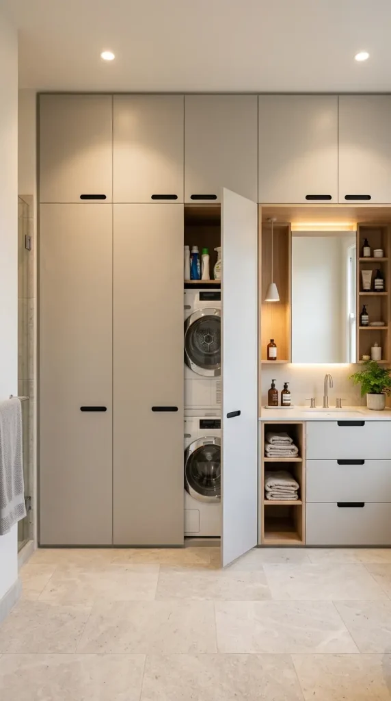 16 Laundry Room Bathroom Combo Maximized Built-In Minimal 1 1. Floor-to-Ceiling Millwork Concealing All Appliances