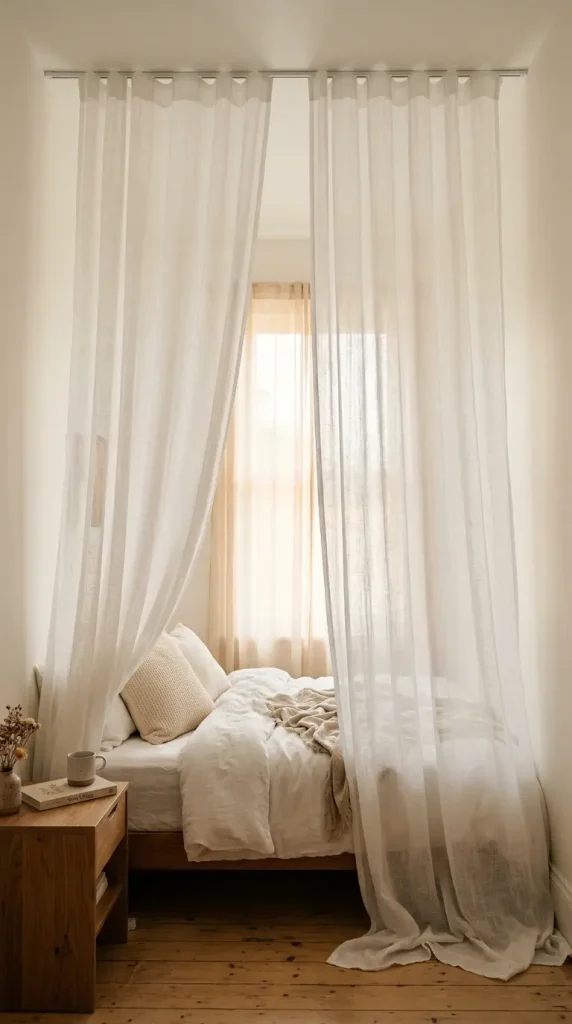 18 Romanticizing My Room Small Space Sheer Drapery Ideas 1 1. Floor to Ceiling Sheer Panels Behind the Bed