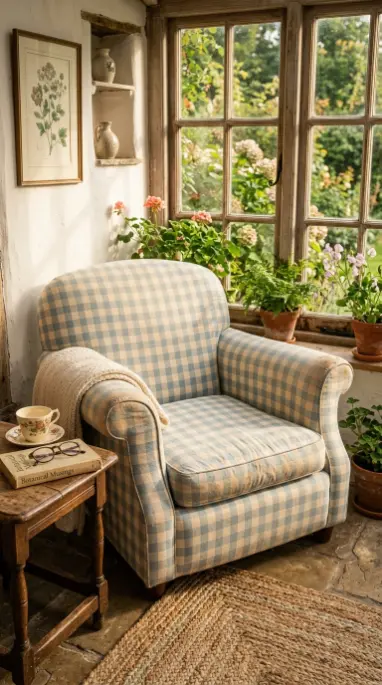 20 Summer Cottagecore Sunroom Gingham Sitting Corner 1 1. Gingham Upholstered Armchair