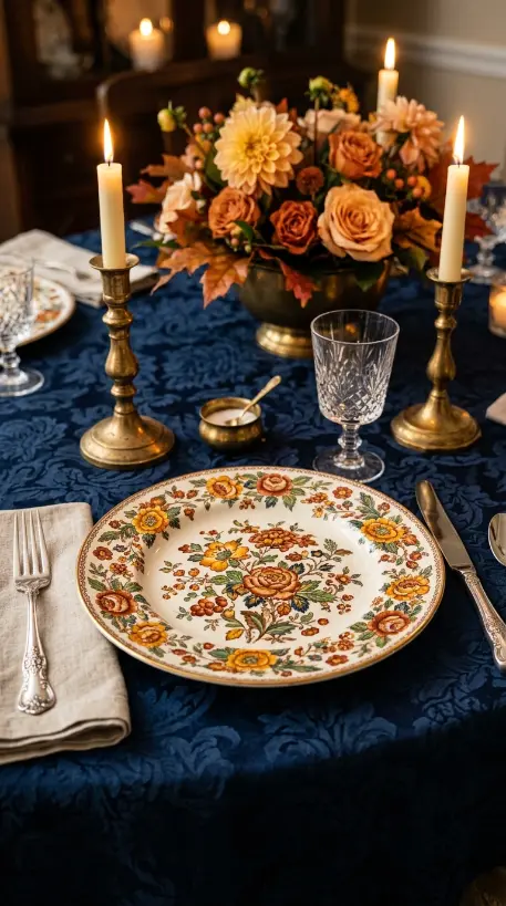 13 Blue and Orange Thanksgiving Table Ideas to Save 1 1. Grandmillennial Chintz China on a Navy Damask Cloth