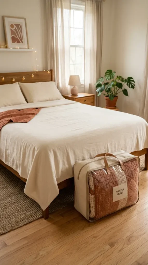 13 Late Summer Bedroom Textile Swap Declutter Refresh 1 1. Heavy Quilt Swapped for a Single Cotton Coverlet