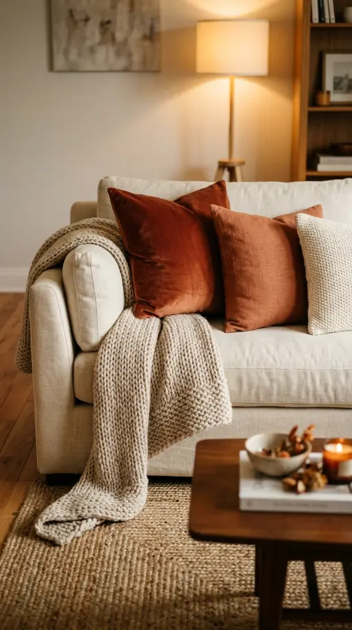 14 Fall Home Decor Ideas Warm Neutral Living Room Style 1 1. Layered Fall Textiles on the Sofa
