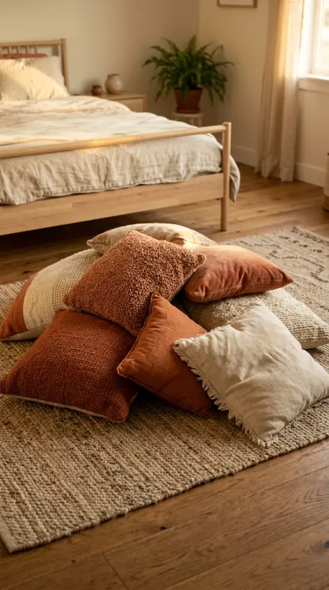 17 Golden Hour Bedroom Aesthetic Boho Floor Cushion Nook Ideas 1 1. Layered Floor Cushions in Earthy Tones