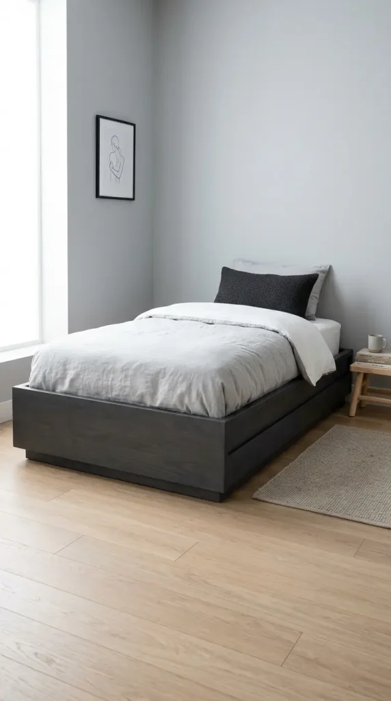 13 Boys Room Decor Modern Minimalist Neutral Calm 1 1. Low Platform Bed in Matte Charcoal Wood