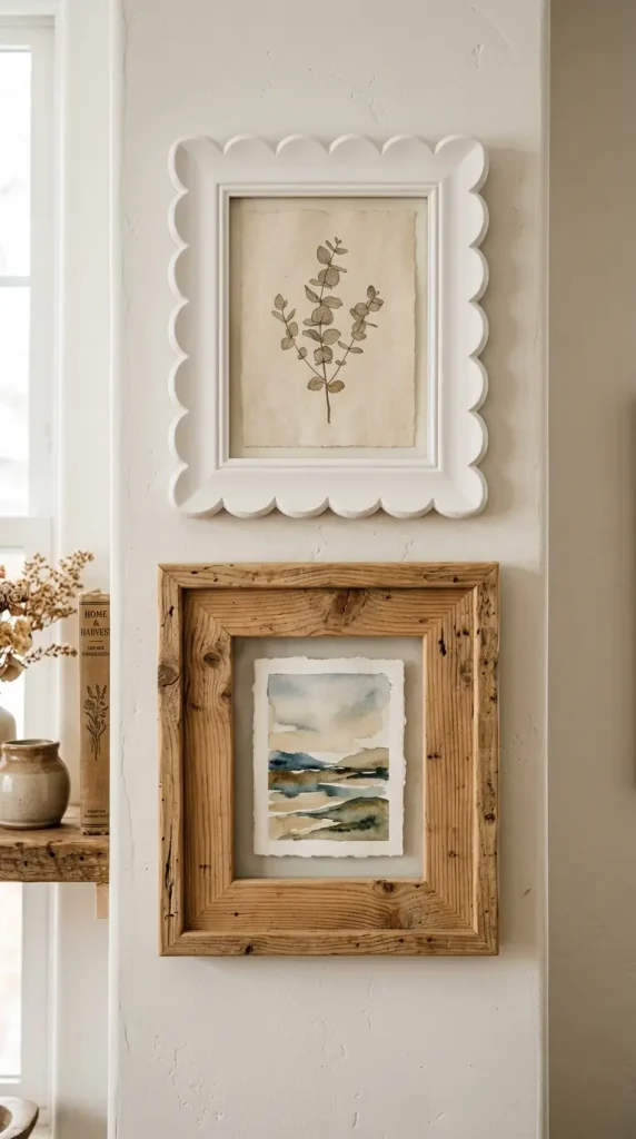 11 Thrifted Gallery Wall Ideas With Mismatched Frames 1 1. Ornate Gold Baroque Frame Beside a Slim Black Metal Frame