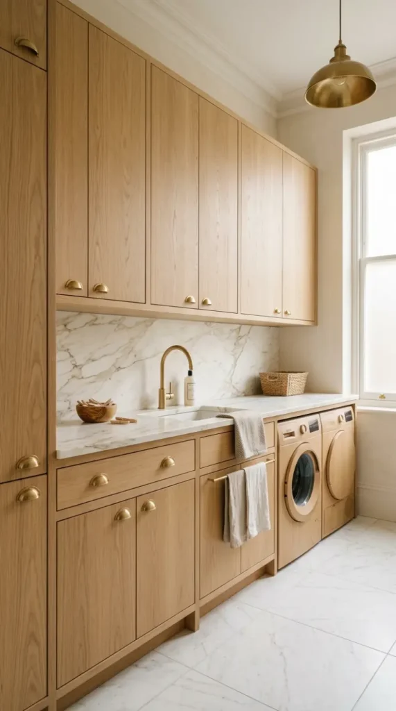 18 Laundry Room Designs Quiet Luxury Marble and Warm Wood Look 1 1. Pale Oak Flat-Panel Cabinetry With Brushed Brass Hardware