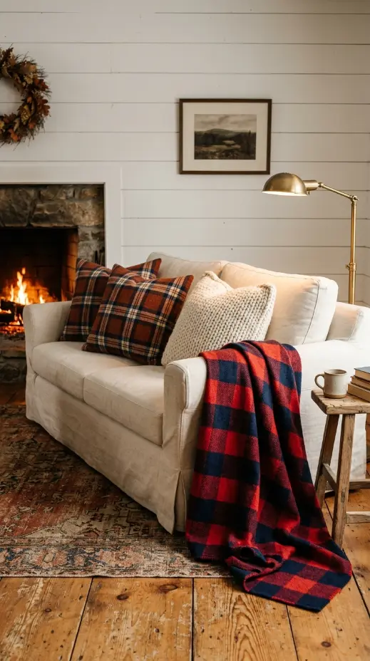 12 Rustic Fall Decorating Ideas Farmhouse Living Room 1 1. Plaid Wool Textiles on the Sofa