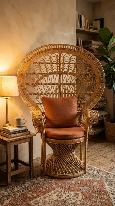 17 Small Reading Nook Cozy Corner Boho Woven Warmth 1 1. Rattan Peacock Chair with Terracotta Cushion