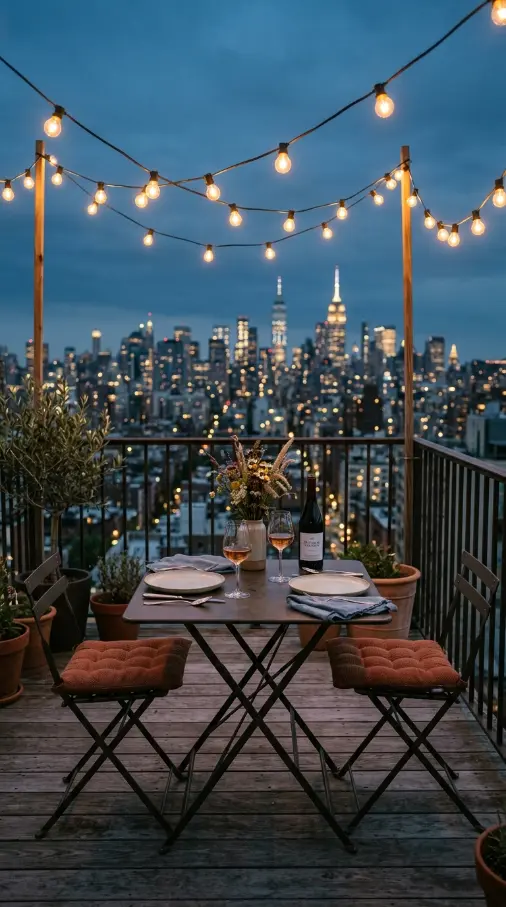 13 Romantic Thanksgiving Table for Two Date Night Idea 1 1. Rooftop Table Under String Lights With City Views