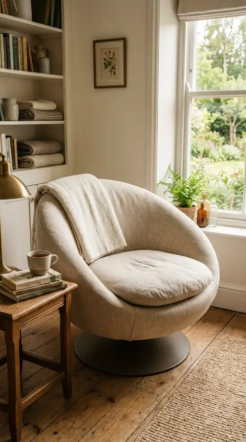 15 Light Linen Swivel Reading Chair Bedroom Nook Ideas 1 1. Round Swivel Chair in Soft Linen