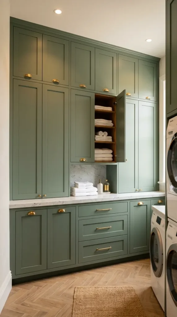 20 Luxury Laundry Room Ideas Sage Green Walnut Warm Style 1 1. Sage Green Shaker Cabinetry With Brushed Brass Hardware