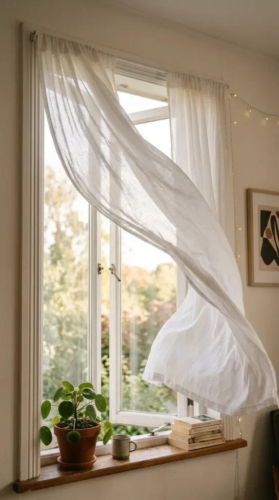 14 Curtained Window Reading Nook Soft Dreamy Corner Ideas 1 1. Sheer Curtains Billowing in the Breeze