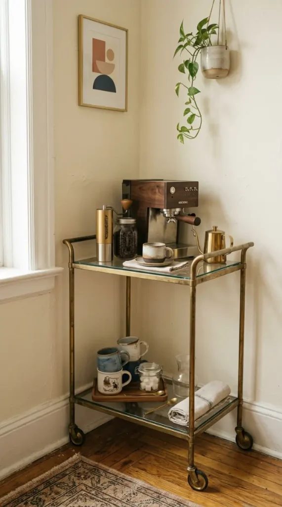 17 Small Space Eclectic Coffee Corner Ideas for Renters 1 1. Slim Rolling Bar Cart Tucked Into a Corner