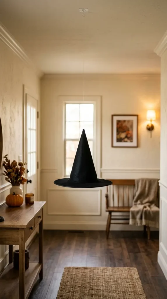 12 Easy Halloween Entryway Decor Witchy Floating Hats Style 1 1. The Basic Monofilament Float — Foundational Technique