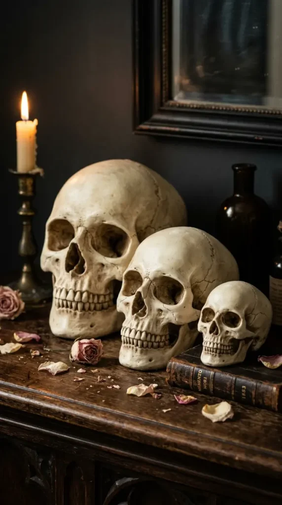 14 Neutral Halloween Decor Gothic Console Table Style 1 1. The Bone White Skull Cluster