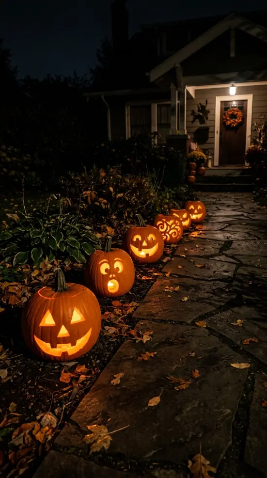 16 Outdoor Halloween Decorations Light-Up Pathway Night Style 1 1. The Carved Jack-o-Lantern Path Line