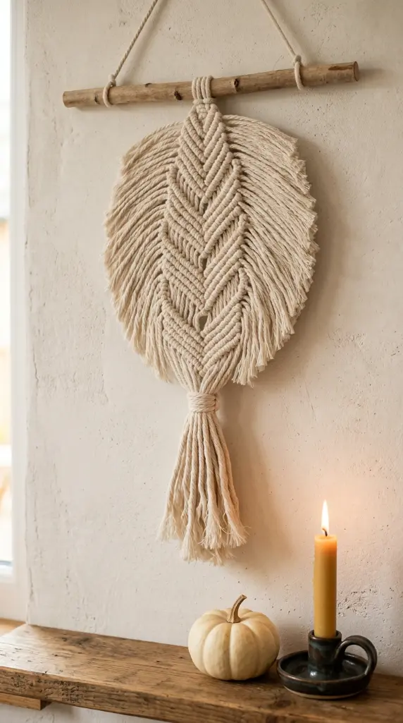 13 DIY Fall Home Decor Project Macramé Leaf Wall Hanging 1 1. The Classic Single Large Macramé Leaf