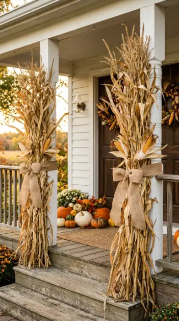 13 Outdoor Halloween Display Farmhouse Harvest Porch Style 1 1. The Corn Stalk Bundle Porch Post Tie