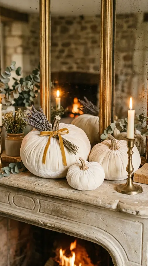 17 Elegant Halloween Mantel Decor French Country Style 1 1. The Cream Velvet Pumpkin Cluster