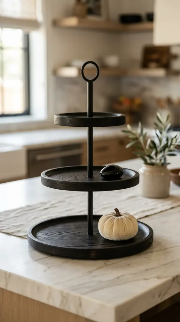 16 Halloween Tiered Tray Ideas Neutral Sophisticated Style 1 1. The Dark Walnut or Ebonized Tray Foundation